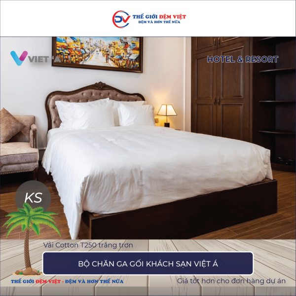 Bộ chăn ga gối khách sạn Việt Á Cotton T250 trắng trơn